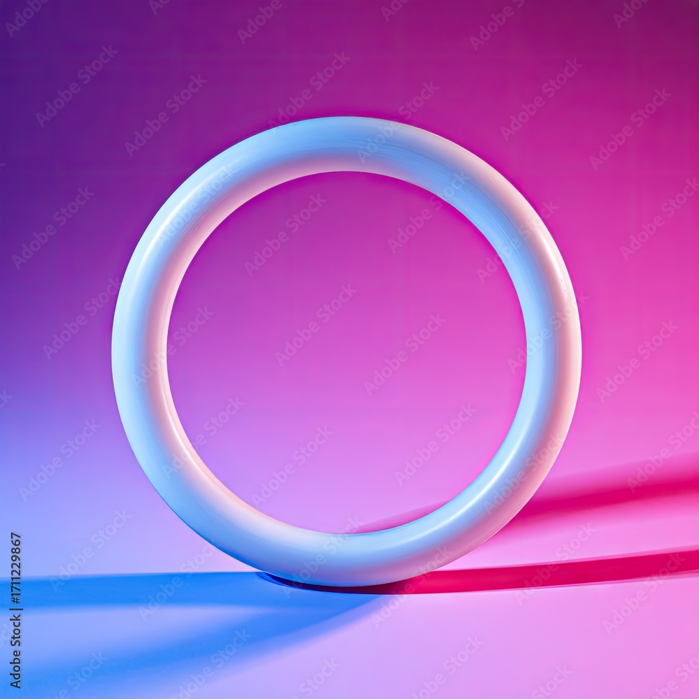 Obraz premium A simple white torus ring object illuminated by dramatic studio lighting against a vibrant gradient background.