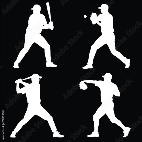 Baseball Player Silhouettes in Batting Pitching and Throwing Poses Sports Vector Illustration Isolated on Black Background