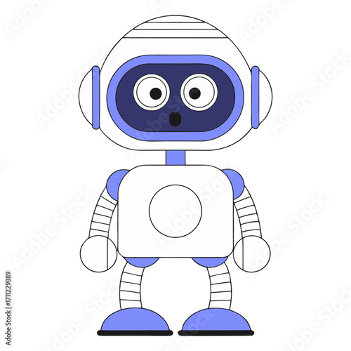 An adorable, surprised robot with big, curious eyes and a friendly design, perfect for tech, kids' projects, and futuristic themes.