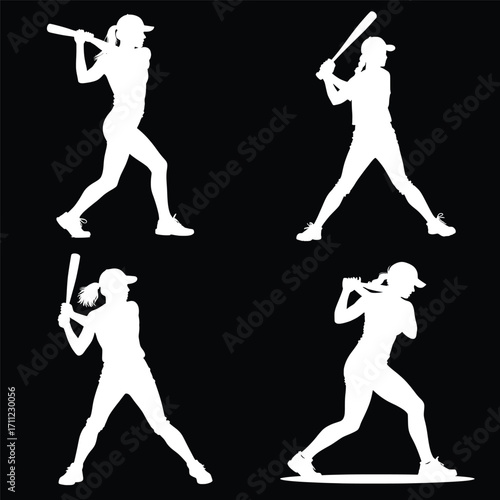 Female Softball and Baseball Player Silhouettes in Batting Poses Sports Vector Illustration Isolated on Black Background