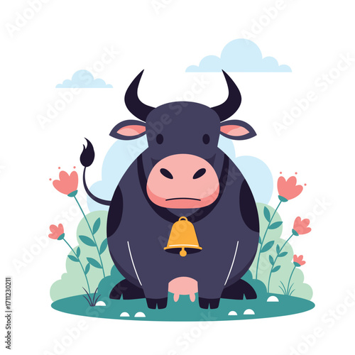 A cute dark colored cow standing in a field with flowers and green grass on a sunny day