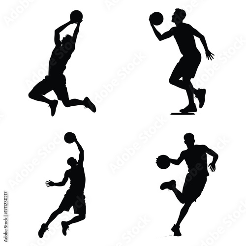 Basketball Player Silhouettes in Action Poses Jumping Dunking Dribbling Sports Vector Illustration Isolated on White Background