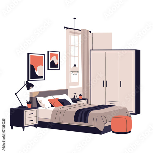 Modern bedroom furniture arrangement with wardrobe bedside tables and artwork creating a cozy living space