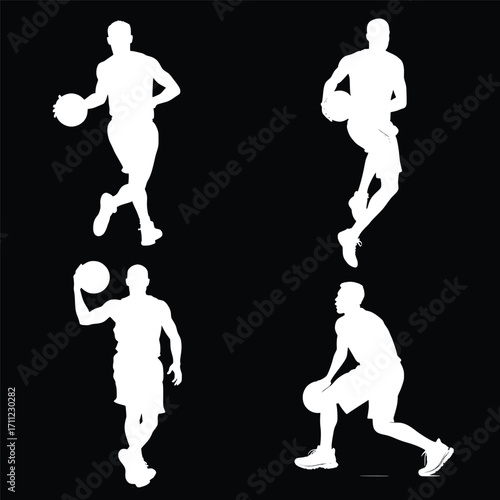 Basketball Action: A striking monochromatic portrayal of basketball player silhouettes in dynamic motion, each captured mid-action with the basketball. Evoking a sense of agility and determination. 