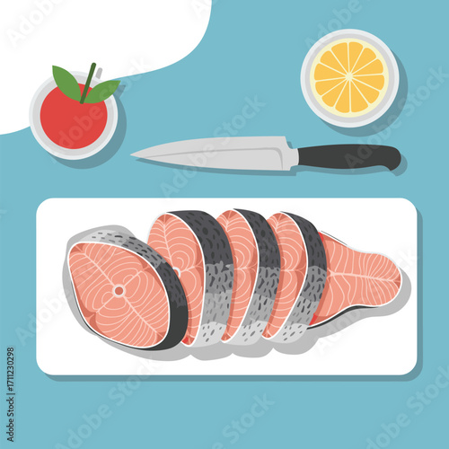 Fresh salmon steaks prepared for culinary delight with citrus and herbs for healthy meal preparation