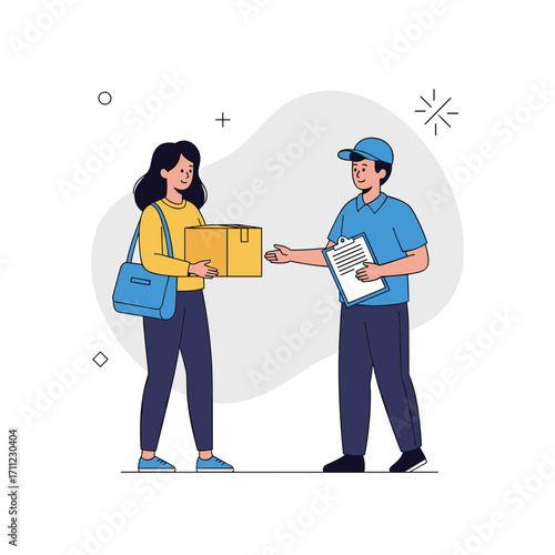 Secure package delivery confirmation handover between courier and customer receiving goods safely at the doorstep