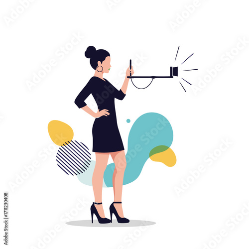 Stylish woman holding a selfie stick with a smartphone capturing a photo with a bright flash illuminating the scene