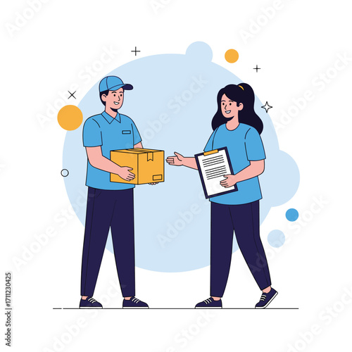 Package delivery service illustration with courier handing a box to a happy recipient