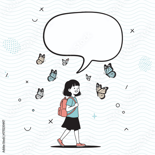 A young girl walks surrounded by butterflies with an empty speech bubble above her head