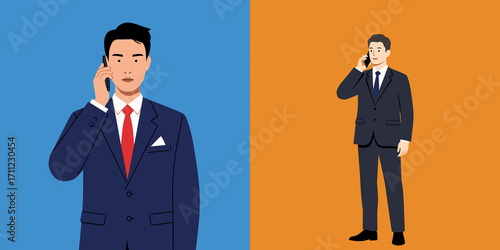Young candidate on phone, vector illustration of businessman in suit talking on mobile, two style variants on colorful background. Job interview, communication, recruitment, career concept