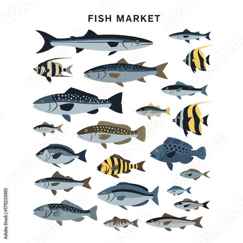 An assortment of various fresh fish commonly found at a bustling seafood market stall