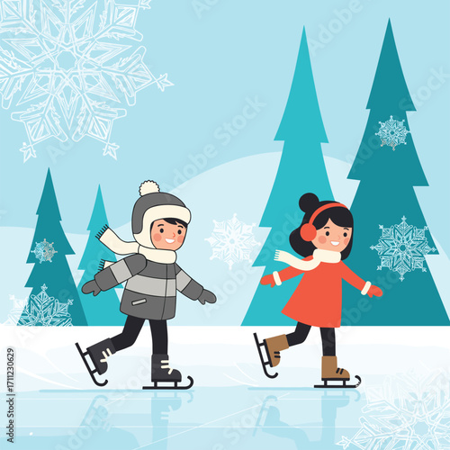 Children enjoying winter ice skating fun in a snowy forest with large snowflakes and evergreen trees