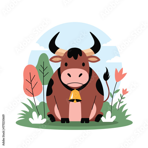 A charming brown bull with black spots wearing a golden bell sitting in a lush green meadow surrounded by nature