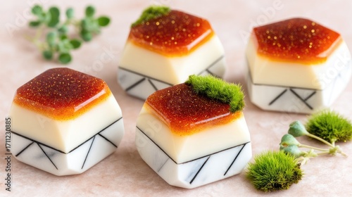 Small, geometric,  candy-like treats with orange glaze, glitter, and moss