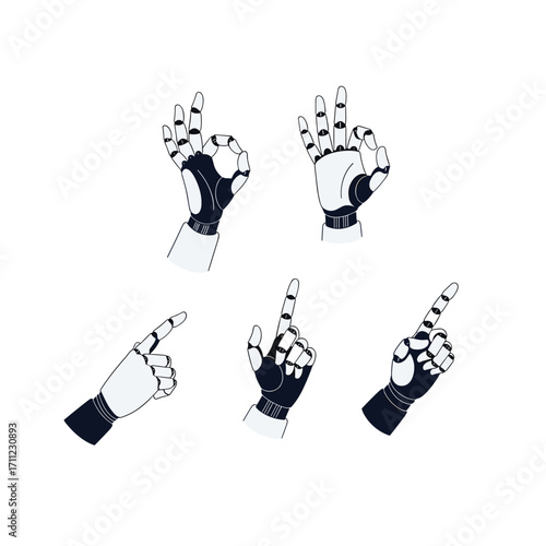 Collection of robotic hands showing various gestures demonstrating ok and pointing positions