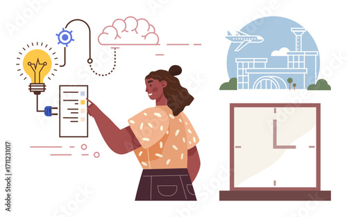 Woman organizing travel itinerary with checklist, lightbulb, cloud connections, clock, and airport backdrop. Ideal for travel, planning, technology, innovation decision-making time management