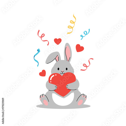 A cute gray rabbit holding a big red heart with hearts and confetti falling around