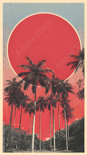 Palm trees silhouette against a vibrant red sun in a tropical landscape.