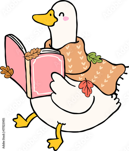 Fall Bookish Silly Goose Reading a Book with Scarf Cartoon