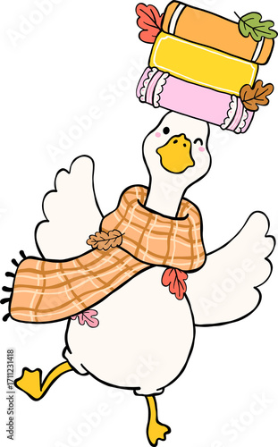 Fall Bookish Silly Goose Reading Carrying Stack Books on head cartoon
