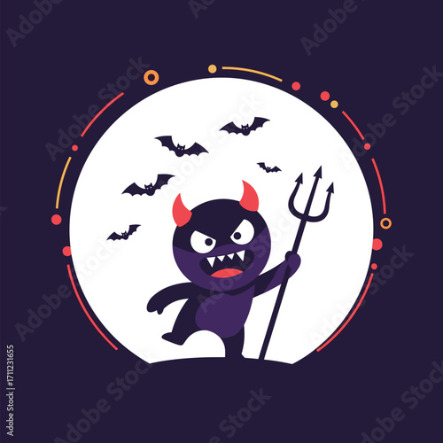 Spooky little monster with horns and a pitchfork stands under the moonlight with bats flying overhead