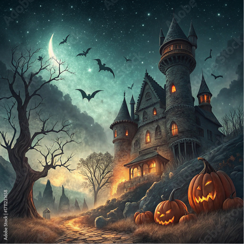 Spooky Haunted Castle Halloween Vector Background with Pumpkins and Full Moon