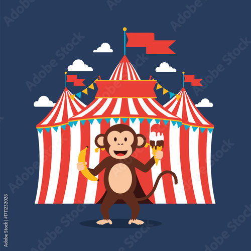 Exciting circus performance featuring a cheerful monkey enjoying treats under a festive tent