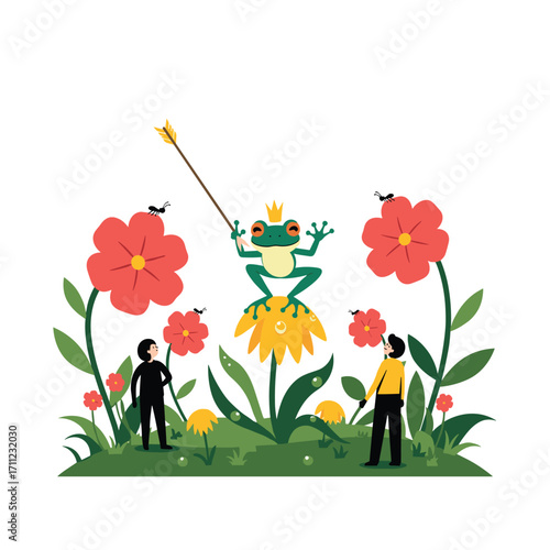 Enchanting scene with a royal frog ruling a vibrant garden with two admiring figures witnessing its majestic presence