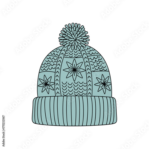 A festive teal winter beanie with a pompom and snowflake pattern