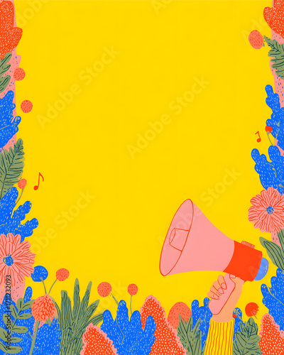 Megaphone held by hand with a bright yellow background and floral border.