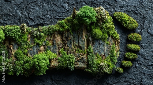 Stunning terrarium landscape featuring lush moss and bark on a textured slate background bringing nature indoors creating a calming zen-like atmosphere