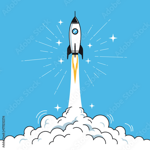 A majestic rocket ascends into the bright blue sky leaving a trail of brilliant white smoke and sparks creating an inspiring scene of exploration