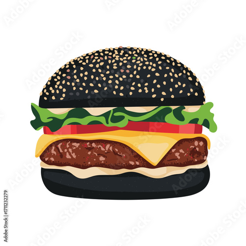 A delicious black sesame seed bun hamburger with fresh lettuce ripe tomato and melted cheese
