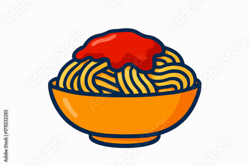 A flat vector design of a bowl of pasta with sauce on a white background