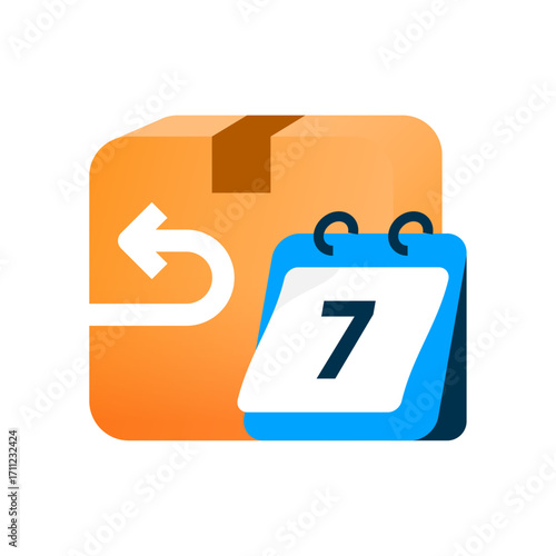 illustration of 7 day return policy. package box with a return arrow and a calendar with number 7, concept for free returns, exchange, e commerce, online shopping, customer friendly service