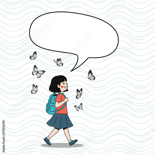 A young girl walking to school surrounded by fluttering butterflies with a thought bubble above her head