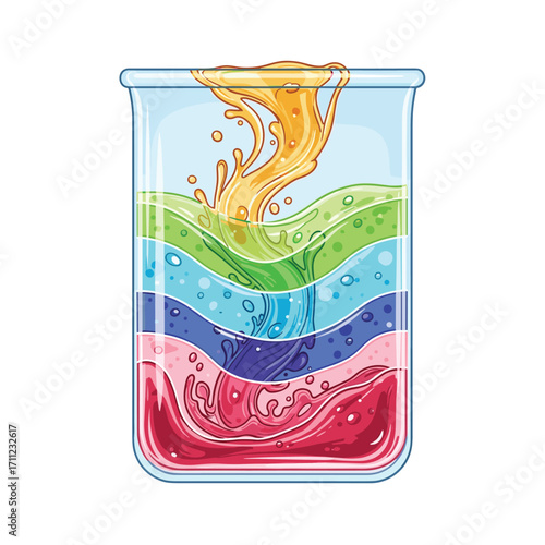 Visual representation of colorful liquid layers in a laboratory beaker demonstrating density differences