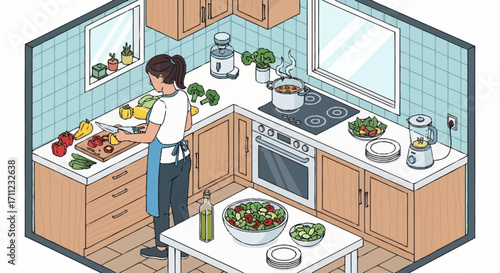Woman preparing food in modern kitchen, with fresh vegetables and cooking appliances