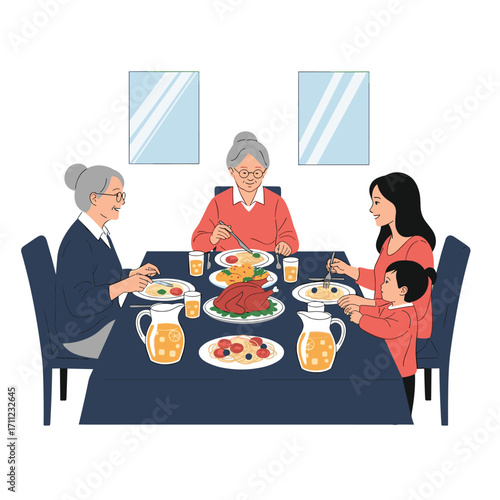Family gathered around dining table enjoying a festive meal together