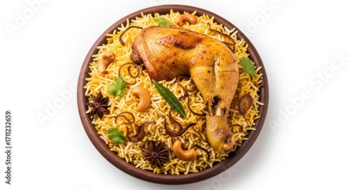 Delicious chicken biryani served in a round clay pot, garnished with fried onion, cashew nuts, and fresh cilantro, isolated on white background