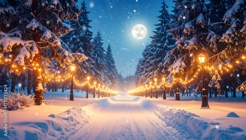 A snow-covered road lined with glowing lights and tall evergreen trees leads towards a full moon in a winter wonderland scene