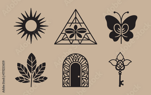 Collection of six stylized black silhouettes of mystical symbols on beige background