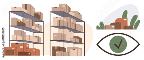 Warehouse shelves stacked with boxes, outdoor storage with greenery, and quality control eye with checkmark. Ideal for logistics, storage, delivery, inventory management, quality assurance, supply