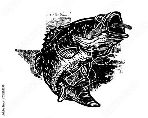 Black and White Largemouth Bass Catching Lure Illustration.