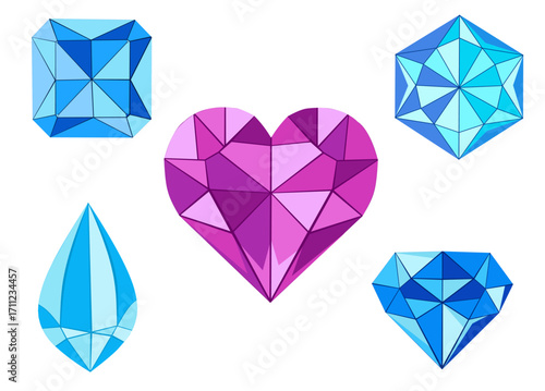 Geometric Style Diverse Diamond Shape with Facets Gemstone Icon Set