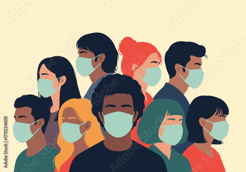Diverse group of people wearing face masks for protection against illness.