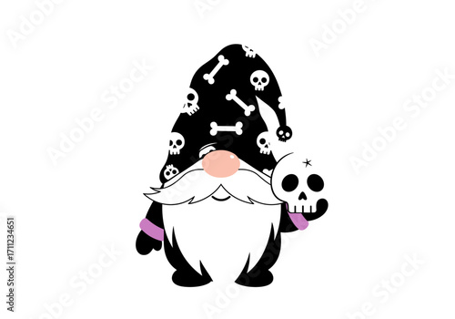 A cute gnome wearing a hat adorned with skulls and bones holding a small skull.
