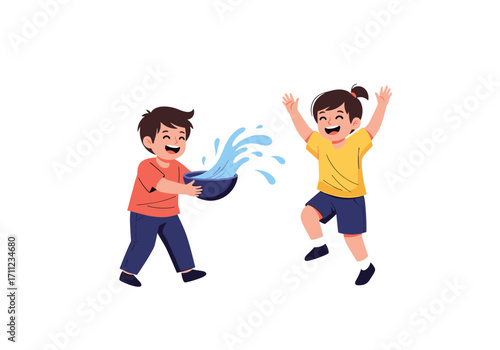 Two happy children splashing water at each other during a fun summer day.