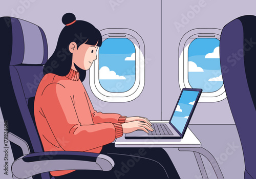 A young woman working on her laptop while traveling on an airplane with clouds visible outside the window.