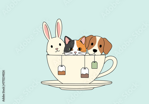 A cute bunny cat and puppy peeking over the edge of a teacup.
